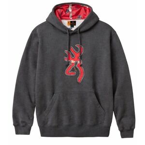 Browning Mens Charcoal Grey Hoodie Red Buckmark‎ Logo Realtree Camo Lined Large